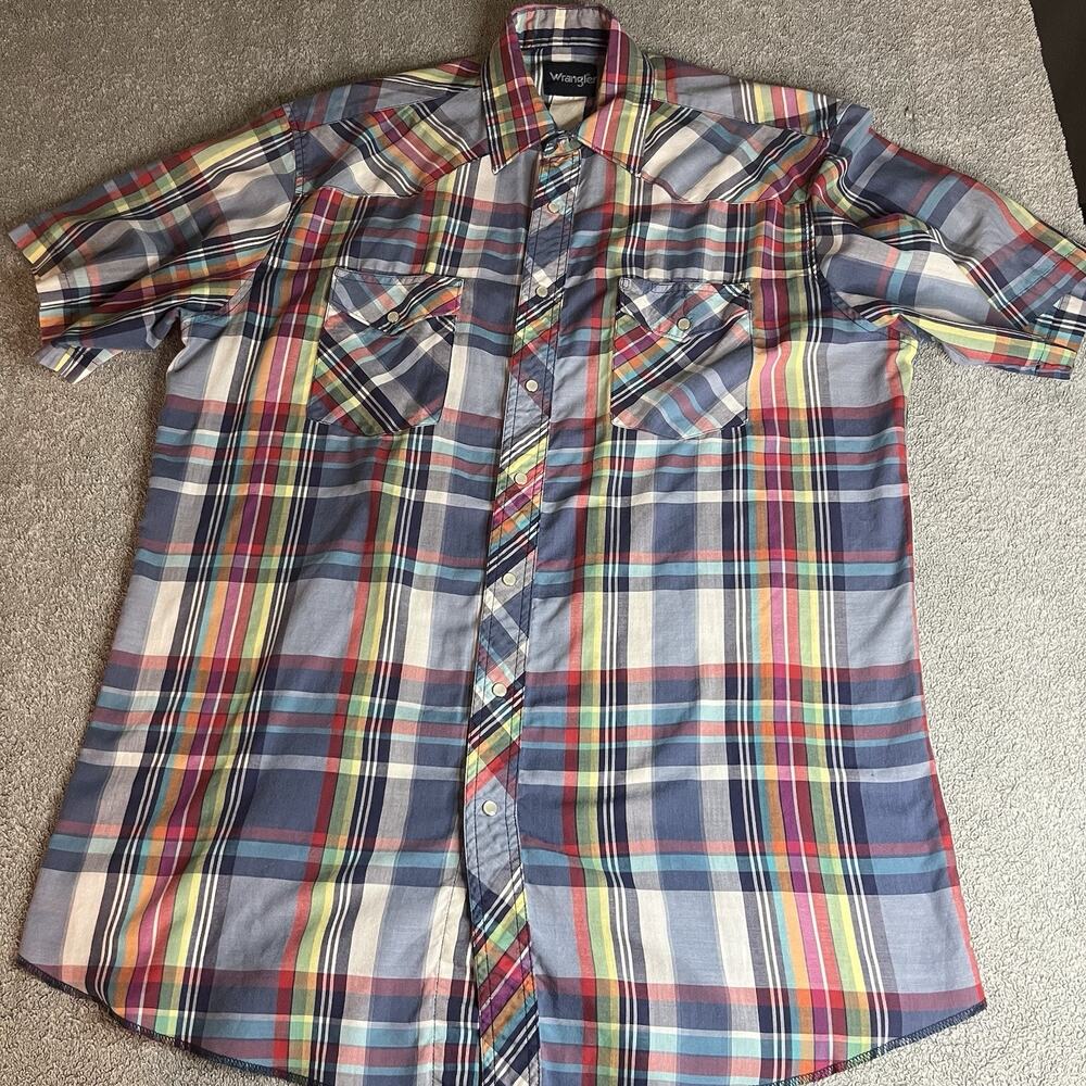 Wrangler Men's Short Sleeve Western Pearl Snap Shirt Multi Color Plaid Check L